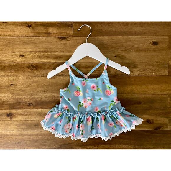 SweetHoney Maddie Tankini Swimsuit Set Nora's Garden Blue Pink Floral Gingham 2T - Picture 6 of 8